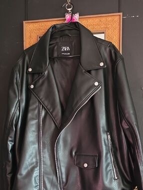 ZARA Black Faux Leather Moto Jacket with Silver Hardware